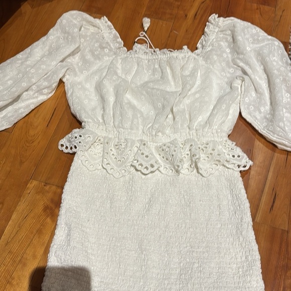 SPELL & the gypsy co white Mini dress Chain Ruched smocked eyelet sleeves - Picture 15 of 16